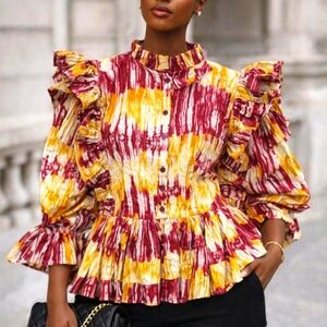 Elegant Multicolor Ruffle Sleeve Top